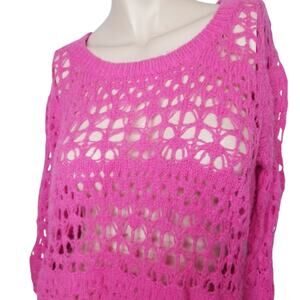 Y2K Hollister Sweater Hot Pink Crochet Open Kit Medium Indie Sleeze Punk Grunge